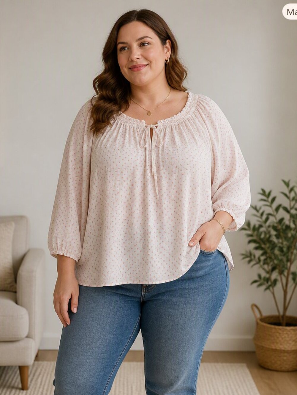 Polka dot elasticized neckline blouse loose flowy fit